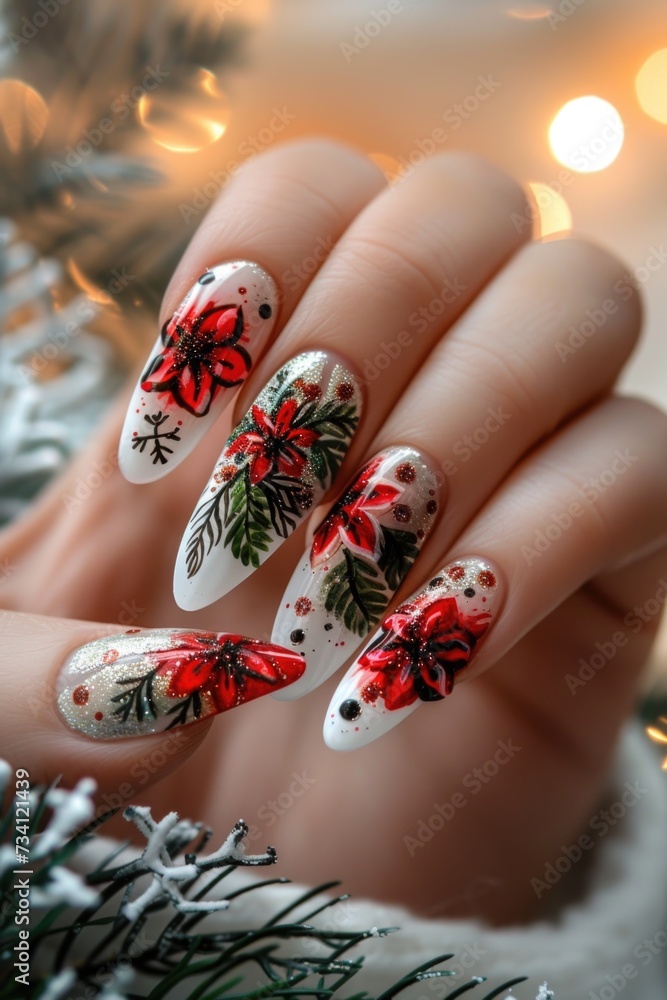 A hand with a white manicure adorned with red flowers. This image can be used for beauty and fashion related projects A hand with a white manicure adorned with red flowers. This image can be used for beauty and fashion related projects