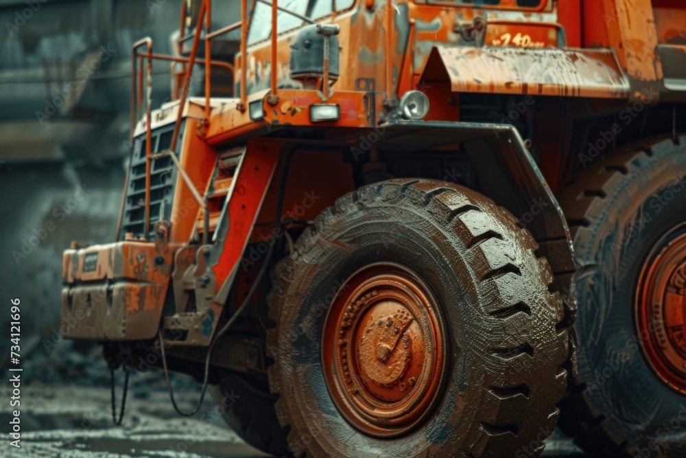 A picture of a large orange truck parked in dirt. Suitable for transportation and construction themes