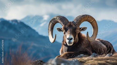 Adult mouflon animal on mountain background. Mouflon, Ovis orientalis, forest horned animal in nature habitat