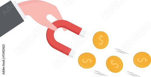 Money magnet, power to attract business opportunity and earn more profit or increase wealth, salary raise or earn more income concept, smart businessman hold high power magnet to draw money.

