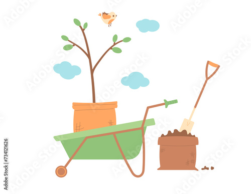Growing trees. Gardening element isolated on white background. Spring horticulture equipment. Planting and work in backyard cover. Sapling in a wheelbarrow, shovel. Vector flat illustration