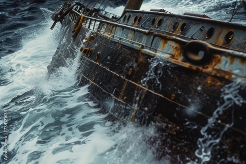 A picture of a rusty ship in the ocean, surrounded by waves. Suitable for maritime themes and concepts