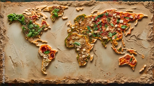 World map made of pizaa. All continents of the Italian food world