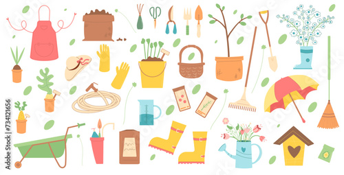 Gardening set isolated on white background. Spring horticulture equipment tools. Vector flat illustration