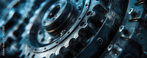A close up view of the gears of a machine. This image can be used to illustrate the inner workings of a mechanical device photo