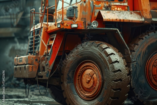 A picture of a large orange truck parked in dirt. Suitable for transportation and construction themes © Fotograf
