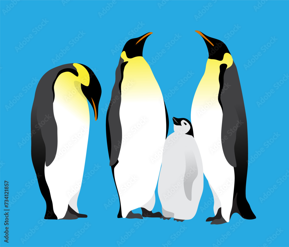 Fototapeta premium Emperor penguins on a bright blue background. Set of isolated vector illustrations