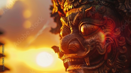 A close up view of a statue with the sun shining in the background. This image can be used to depict beauty, art, and nature