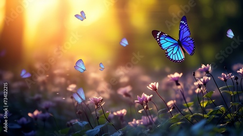 Art First Forest Spring Flowers and a Flying Butterfly Against the Background of the Morning Spring Forest with copy space: Spring Time Design © Elchin Abilov
