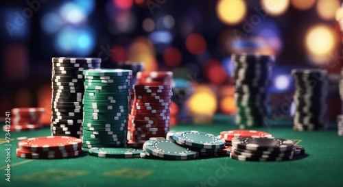 Poker chips, Casino cards game, Internet gambling concept, jackpot, win playing cards on blurry background