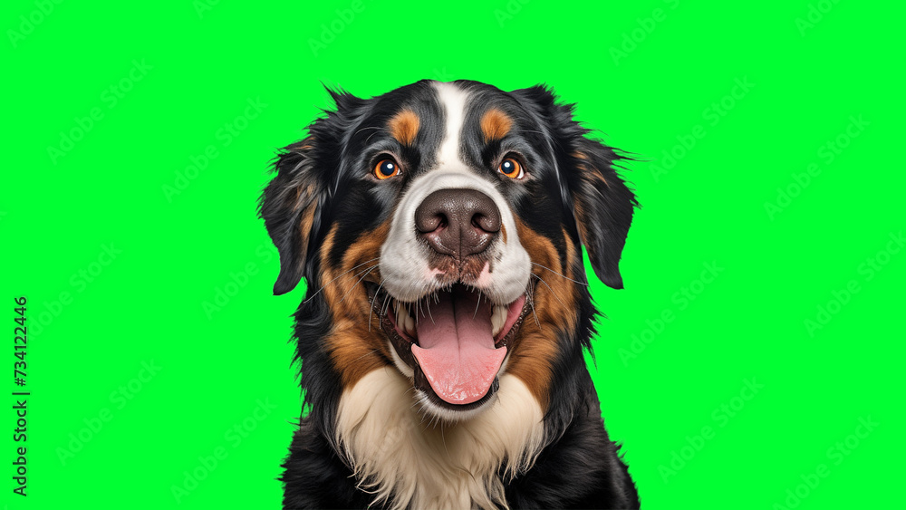 Portrait photo of smiling Bernese Mountain Dog on green background