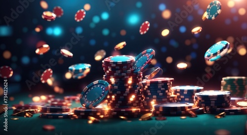 Poker chips, Casino cards game, Internet gambling concept, jackpot, win playing cards on blurry background © MochSjamsul