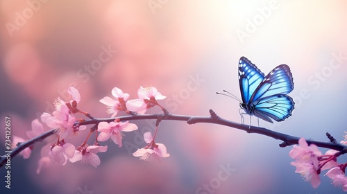 Beautiful blue yellow butterfly in flight and branch of flowering apricot tree in spring at Sunrise on light blue and violet background macro. Elegant artistic image nature. Banner format, copy space