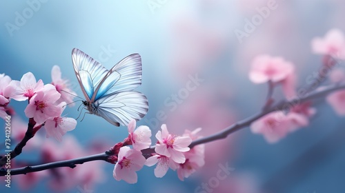 Beautiful blue yellow butterfly in flight and branch of flowering apricot tree in spring at Sunrise on light blue and violet background macro. Elegant artistic image nature. Banner format, copy space © Elchin Abilov