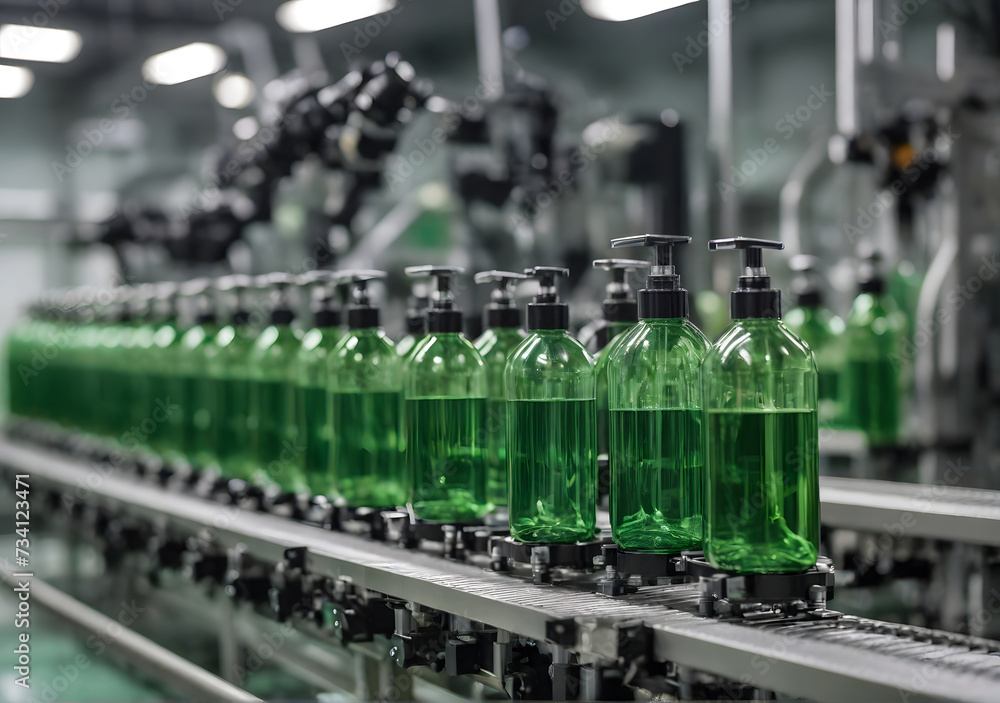 Production process of the hair care items at the industrial factory. Creating green bottles for hair care products. Producing the hair care shampoo on the automated conveyor line. Automation.