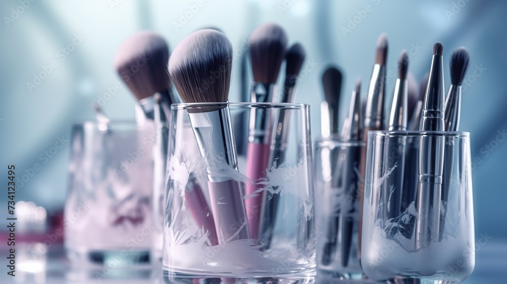 Makeup brushes in glass on pink background. Makeup tools set, soft professional makeup brush, mascara, space for text. Scattered eyeshadow on bright background. Generative Ai Makeup brushes in glass on pink background. Makeup tools set, soft professional makeup brush, mascara, space for text. Scattered eyeshadow on bright background. Generative Ai