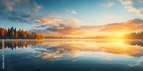 Beautiful sunset over the lake. Nature composition. 3d render