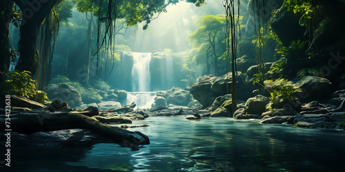 Tropical waterfall in deep forest. Waterfall in jungle.