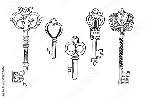 Vintage keys vector. Old antique key set sketch drawing, Hand drawn medieval objects sketch.
