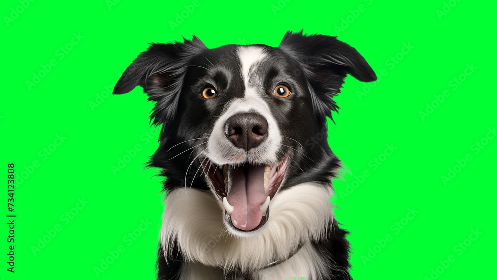 Portrait photo of smiling Border Collie on green background