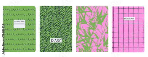 Set of cover page templates with hand drawn flowers, branches, leaves. Based on seamless patterns. Backgrounds for notebooks, notepads, diaries. Headers isolated and replaceable