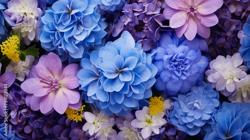 Bouquet from blue hydrangeas and yellow asters, a flower background