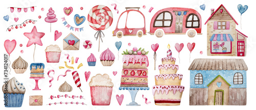 Valentine'S Day Clipart Set Includes Gifts, Hearts, Sweets, Etc., Hand-Drawn Watercolor Illustration