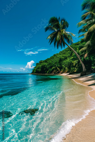 Beautiful beach with tree in the center of the picture.