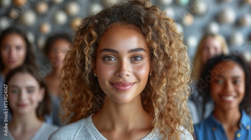 Portrait of a cheerful curly-haired girl against the background of friends