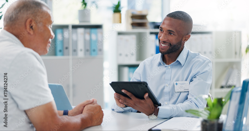 Man, doctor and consultation with tablet, patient or diagnosis for healthcare results at hospital. Male person or medical employee talking, explaining or consulting with technology at clinic checkup Man, doctor and consultation with tablet, patient or diagnosis for healthcare results at hospital. Male person or medical employee talking, explaining or consulting with technology at clinic checkup