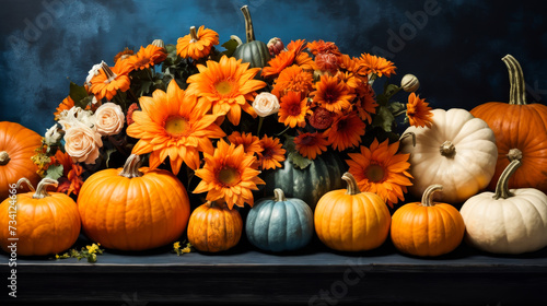 Group of pumpkins and gourds in front of backdrop of orange flowers with green stems.