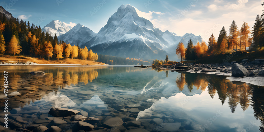 Fantastic autumn landscape with alpine lake and snow-capped mountains