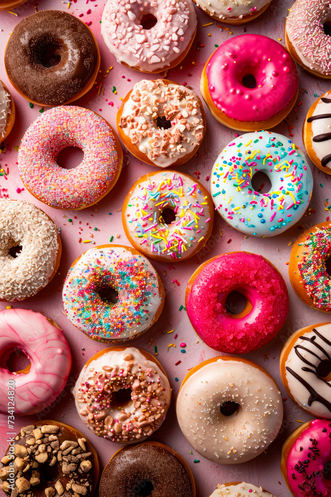 Large assortment of decorated doughnuts each with different frosting and sprinkles.