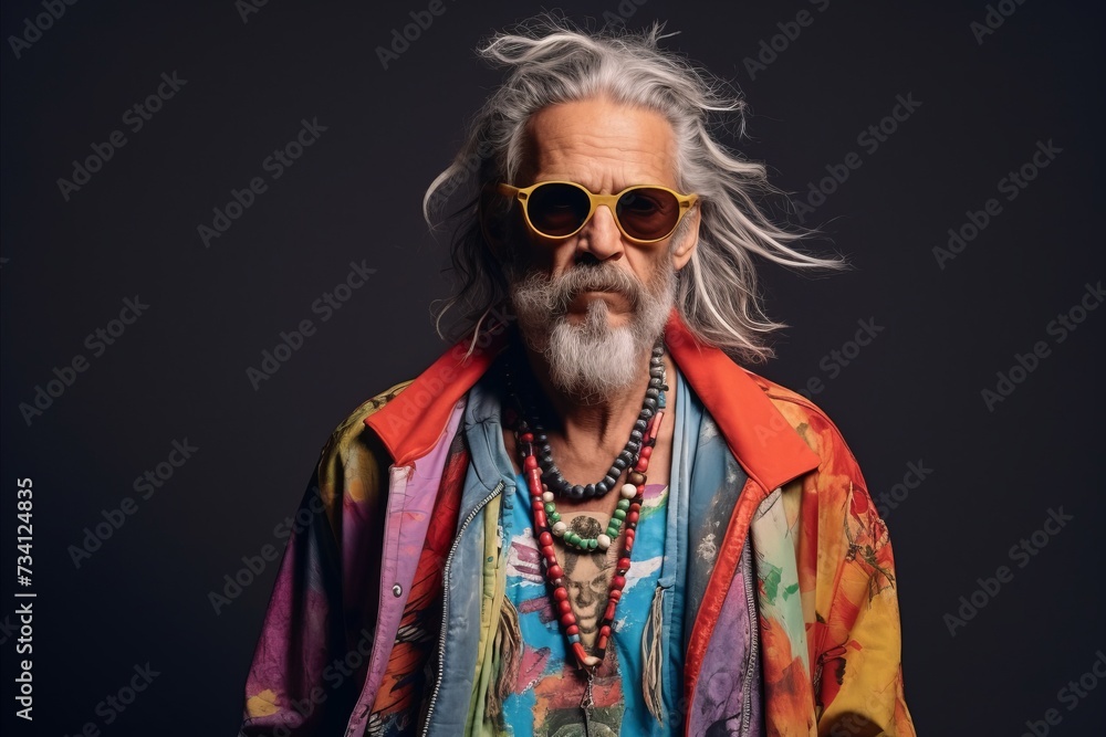 Portrait of an old hippie man with long white hair and sunglasses.
