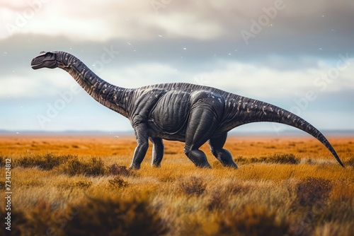 Image of sauropod dinosaur in open field with dry grass under its feet and sky background. © valentyn640