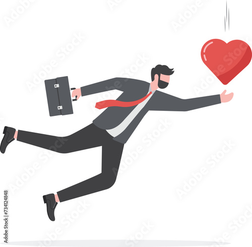 Searching for passion, motivation or work inspiration, finding relationship, romance dating, desire or aspiration concept, businessman catch flying passionate lovely heart.