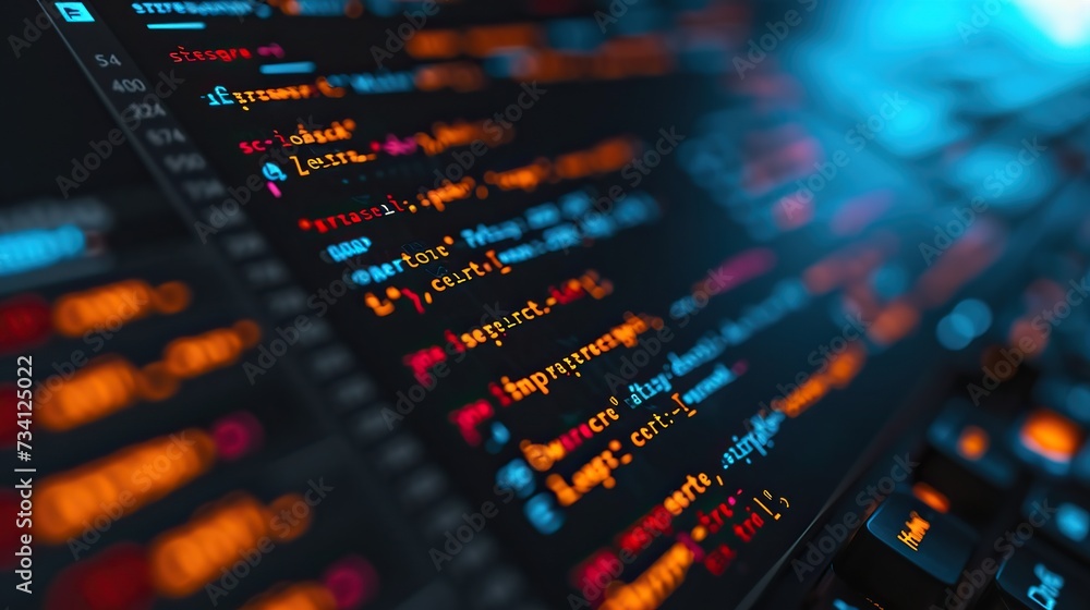 Close-up of a coding session in progress with sharp focus on the code against a keyboard and bokeh light backdrop, depicting active software development.