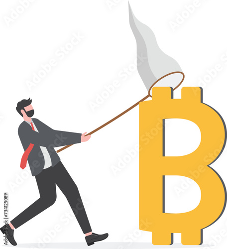 Chasing high performance bitcoin crypto currency in bull market, greedy speculation in Bitcoin trading concept, greedy businessman investor chasing try to catch  bitcoin.

