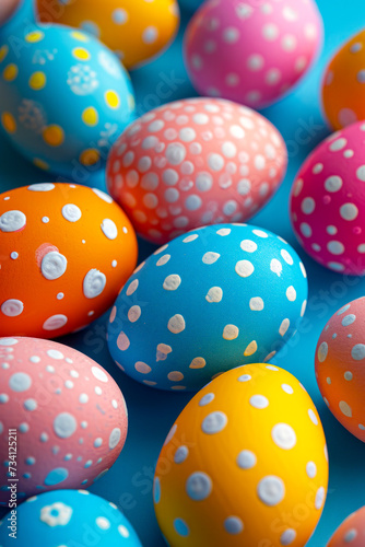 Many brightly colored eggs with polka dots are placed together.
