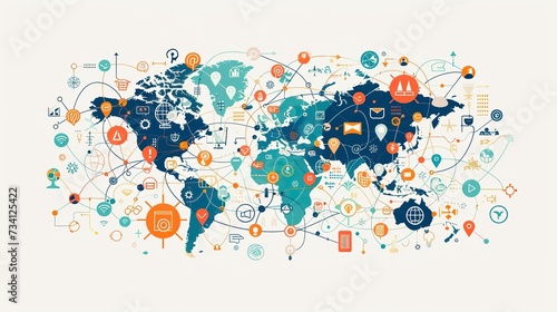 Illustrative world map with interconnected network icons representing global communication and international connectivity.