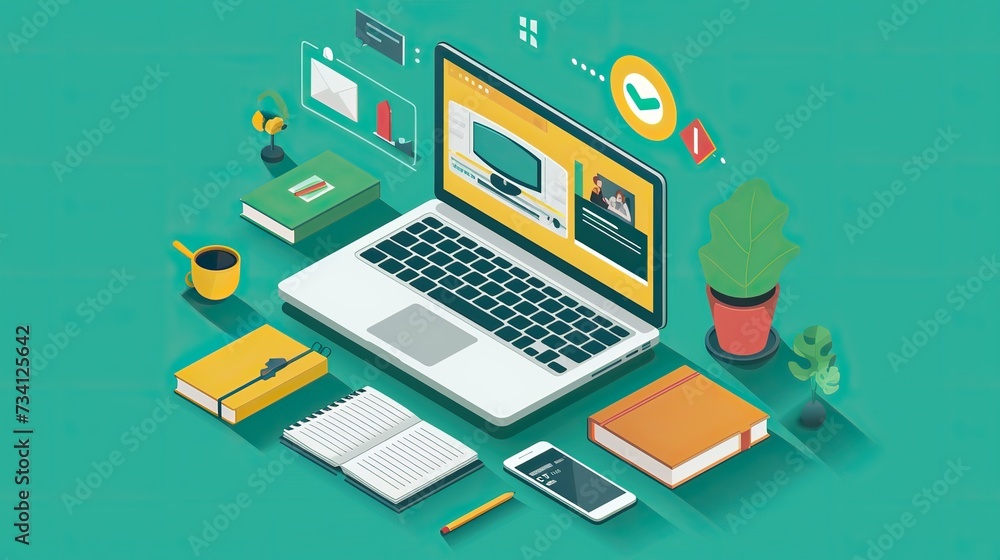 Vibrant isometric illustration showcasing a well-organized online workstation with an open laptop, various digital icons, and desk accessories.