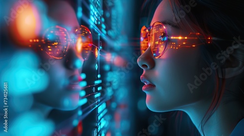 Close-up of a woman with reflection of glowing virtual reality graphics on her glasses, depicting a high-tech, cybernetic experience.