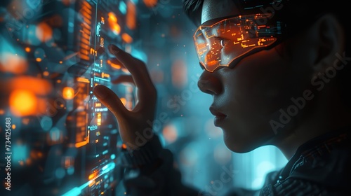 A focused technician wearing augmented reality glasses interacts with a complex holographic display, surrounded by digital data.