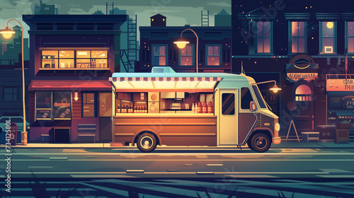 Retro-Inspired Food Truck Serving Gourmet Snacks at Dusk in Urban Street Scene with Vintage Buildings and Glowing Streetlights - Colorful Illustration