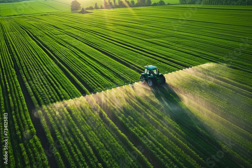 A tractor spraying pesticides on a green crop plantation. Aerial view. Environment agriculture concept