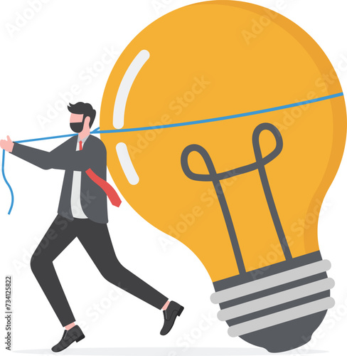 Big business idea, innovation or inspiration to start new business, effort or inspiration for creativity ideas concept, ambitious businessman work hard to pulling big light bulb idea.

