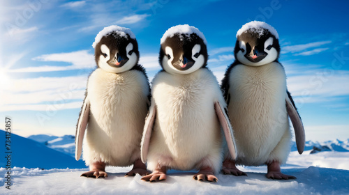 Three penguins standing next to each other in the snow.