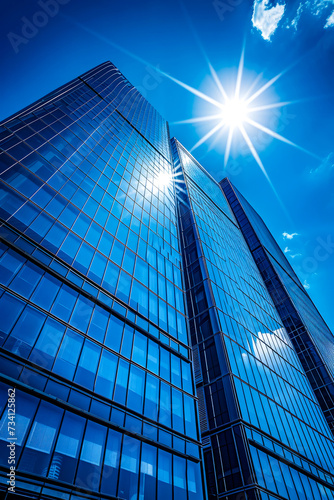 The sun shines brightly through the windows of tall building with blue glass.