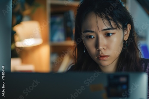 Depressed asian woman looking at her financial data on computer screen, trying to figure out how to pay off her loan debt