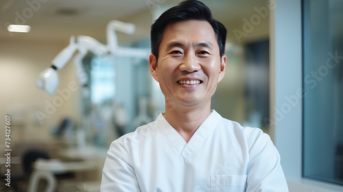 Dentist, portrait and man with arms crossed for healthcare service, dental hospital or insurance in consultation office. Happy asian person or doctor with teeth, oral or hygiene health in clinic